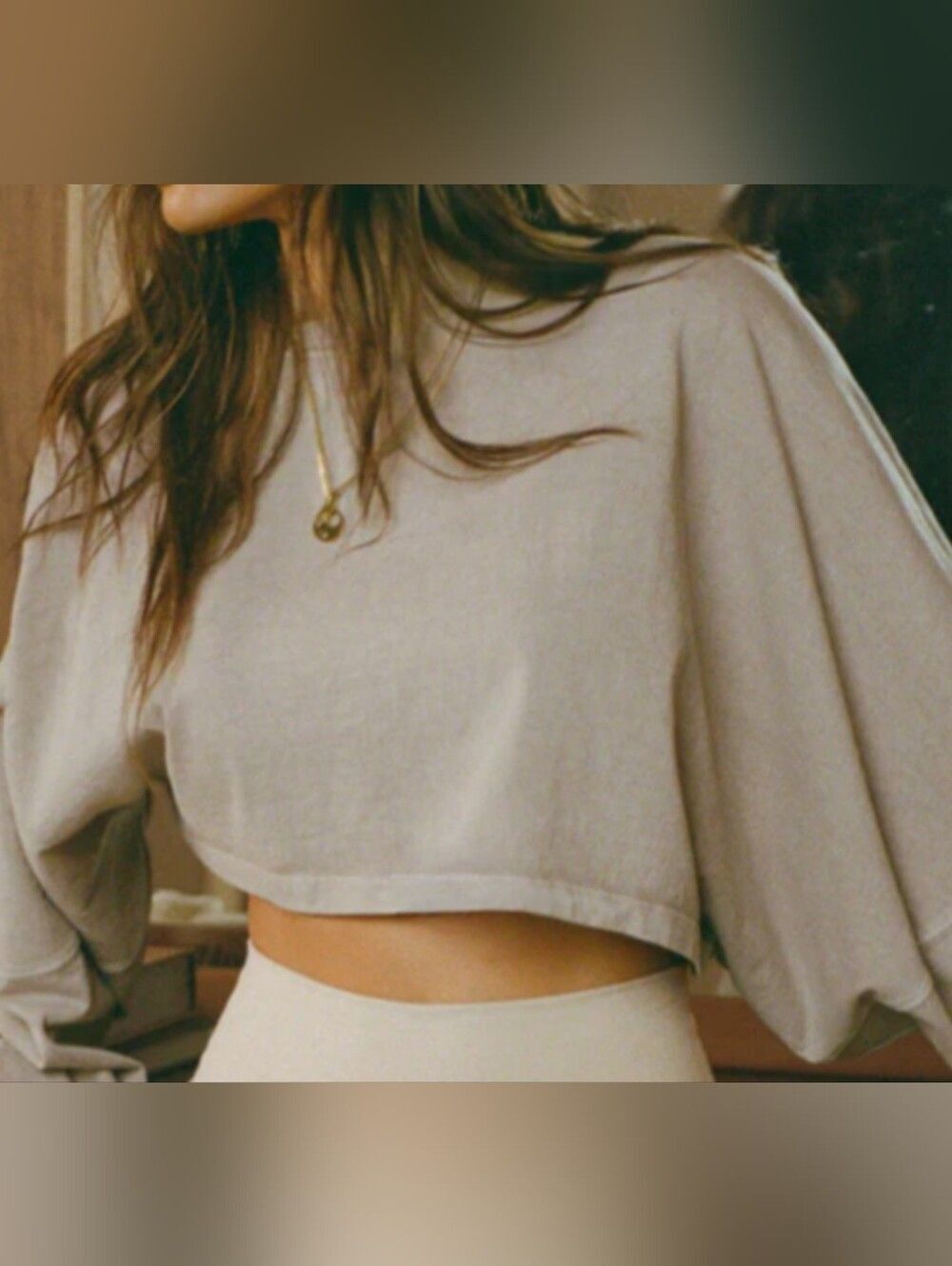 New ! Joah Brown Slouchy Crop Long Sleeve Top S/ Med 100% Cotton Drop Shoulder - Picture 2 of 4